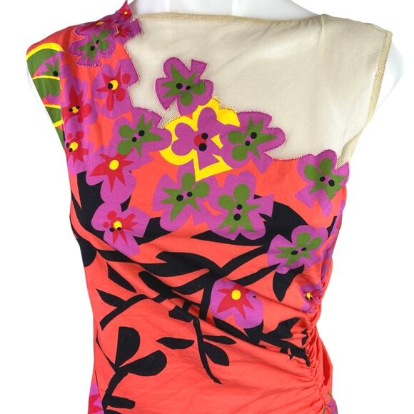 Alberta Ferretti Multicolor Floral Sleeveless Ruched Midi Tank Sheath Dress Sz 4 - Picture 3 of 4